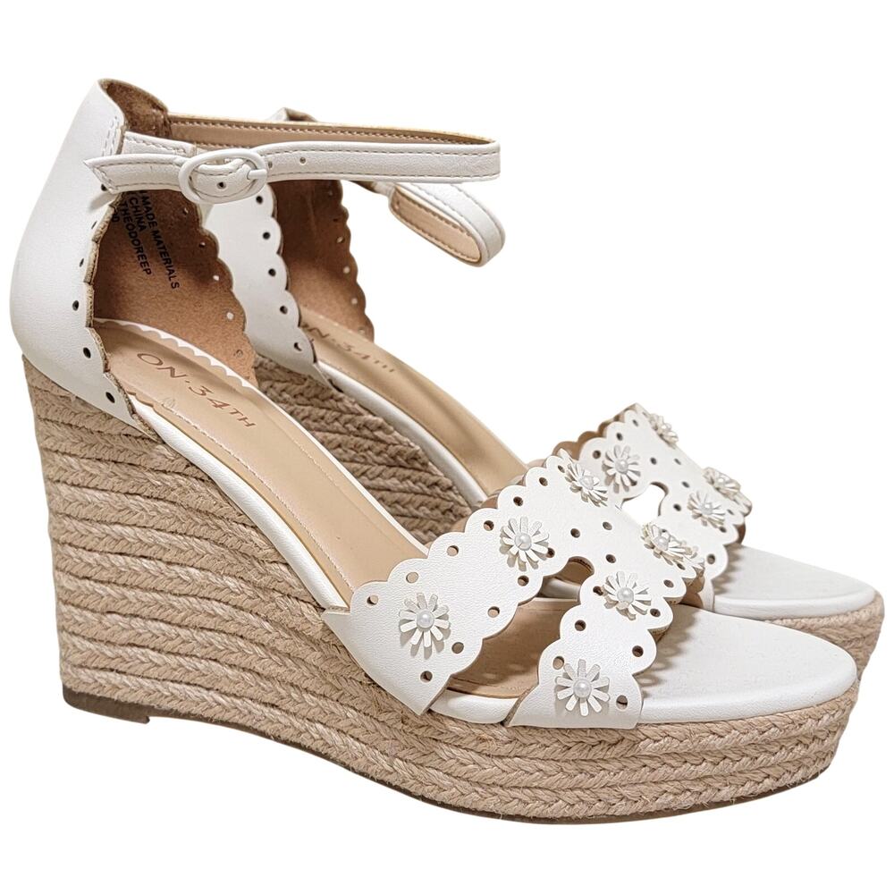 ON 34th Women Theodoree Ankle Strap Espadrille Sandals Size US 6M White Linen